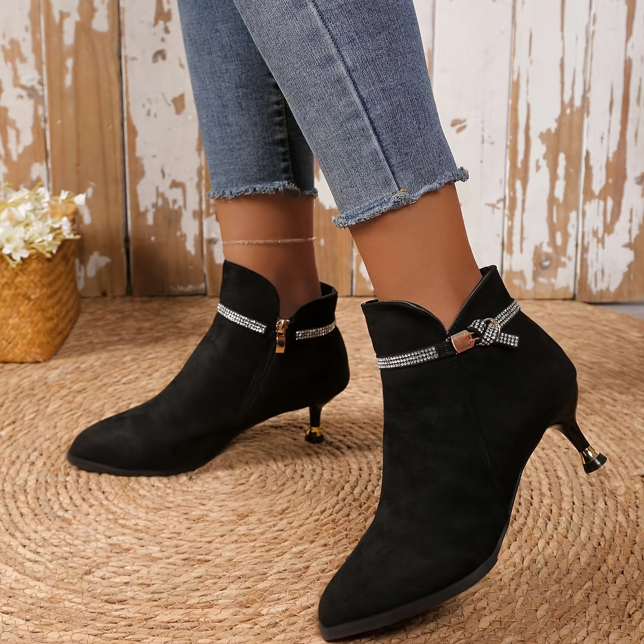 Women's Velour Metal Buckle Ankle Boots with Pointed Mid-Heels