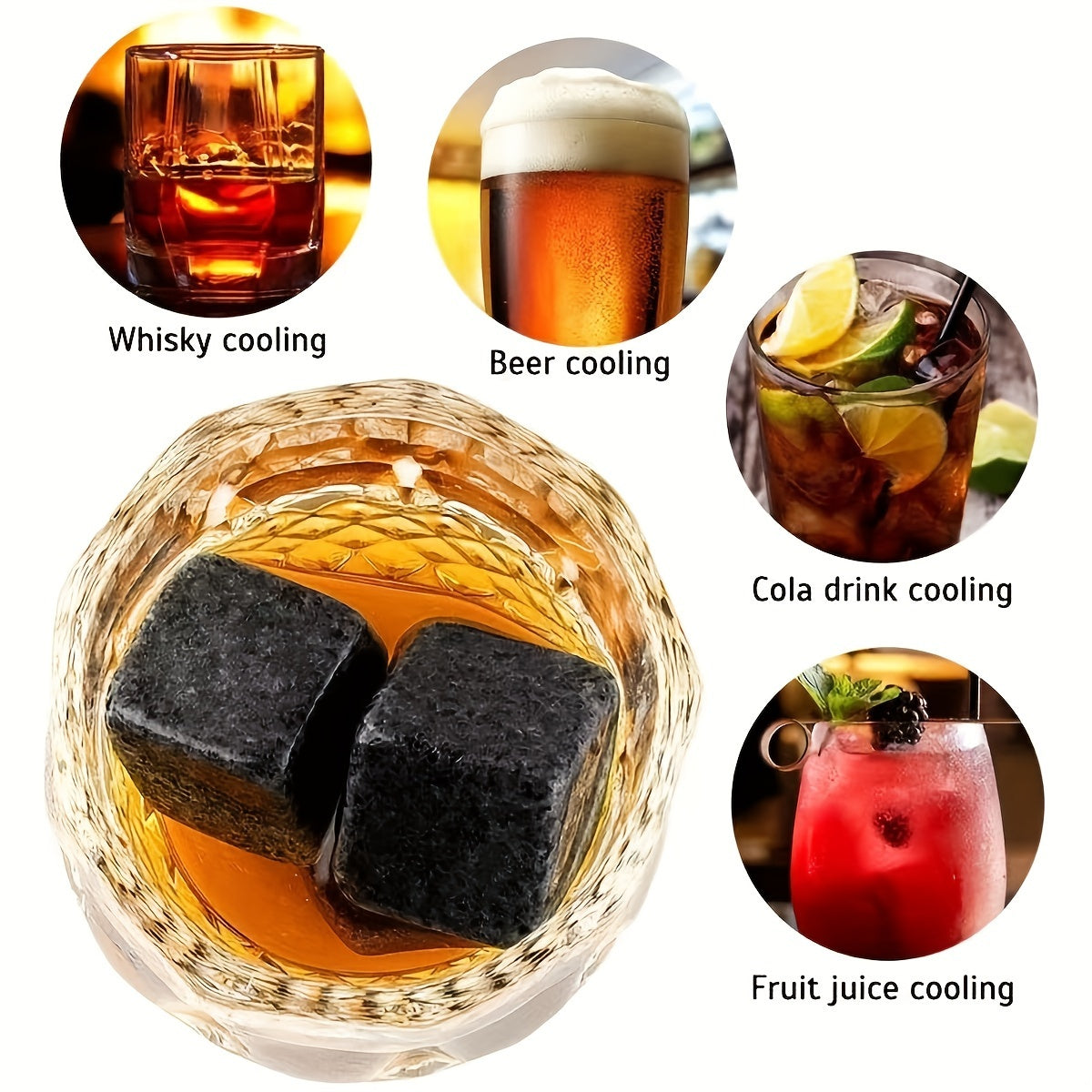 Engraved Whiskey Glasses Gift Set with Reusable Granite Ice Cubes and Wooden Storage
