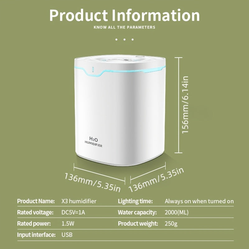 Large Capacity Double Spray Humidifier 2000ml USB Timer Bedroom Office