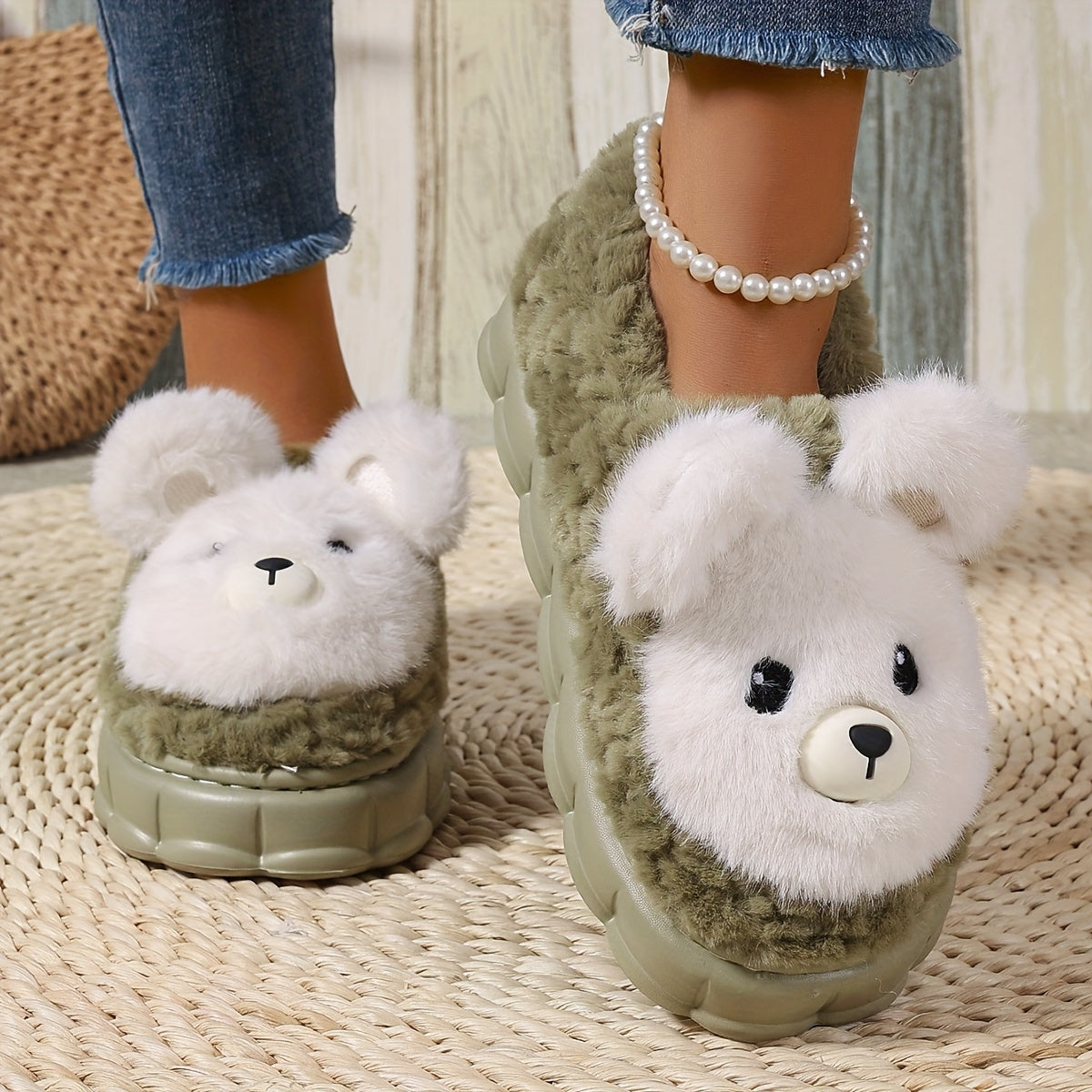 Женские плюшевые тапочки с принтом животных и подошвой из EVA, комфорт круглый год