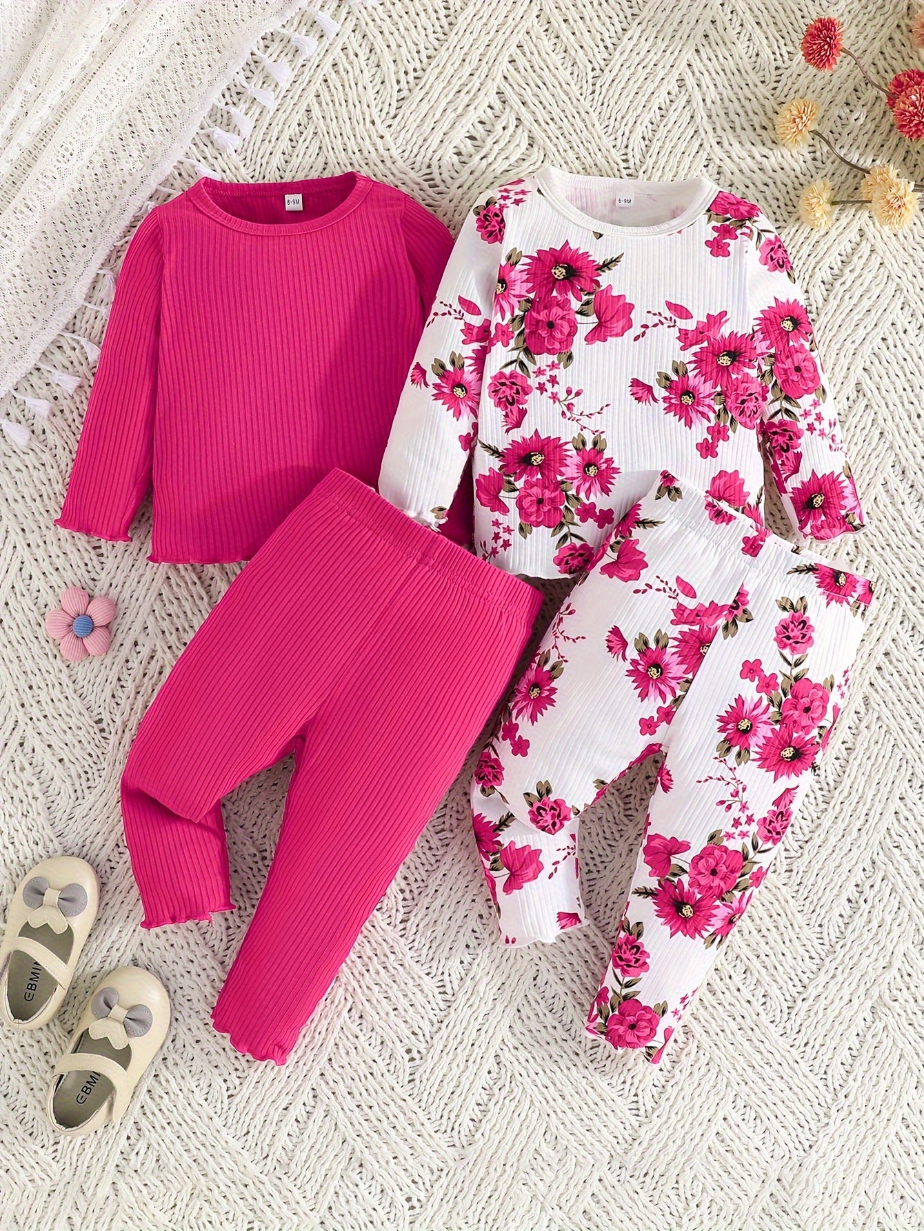 Girls' Outfit Set 4-Piece Pink Long Sleeve Top Floral Pants Polyester Blend Comfortable Outdoor Wear