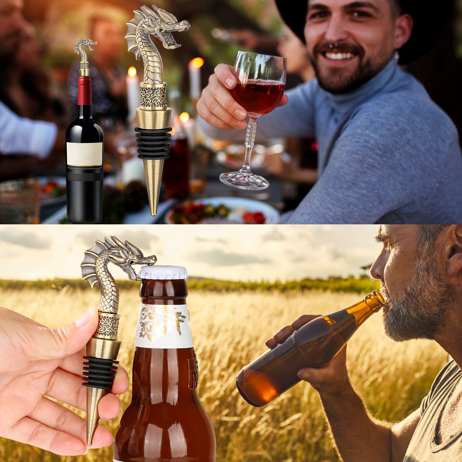 Tapon de vino y abrebotellas de cabeza de dragón para regalos de vino y champán