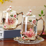 Enamel Flower Tea Cup Set 320ml 350ml for Home Office Gifting