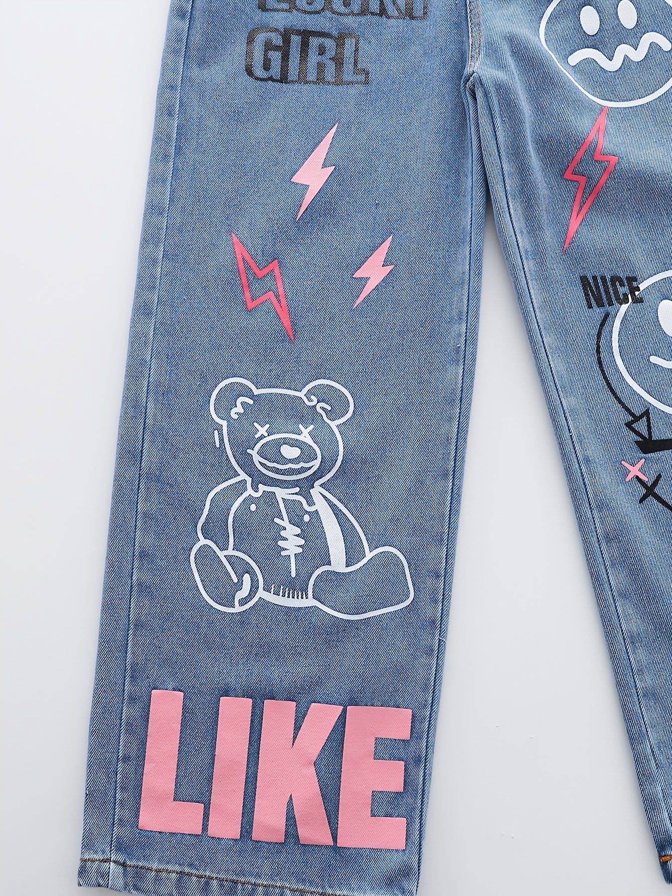 Girls' Wide Leg Denim Jeans for Girls Over 3 Years Cartoon Bear Letter Print Street Style