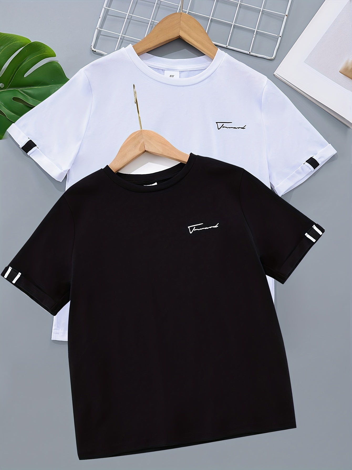 Boys Summer Short Sleeve T-Shirts Black White Crew Neck Casual Knit Fabric