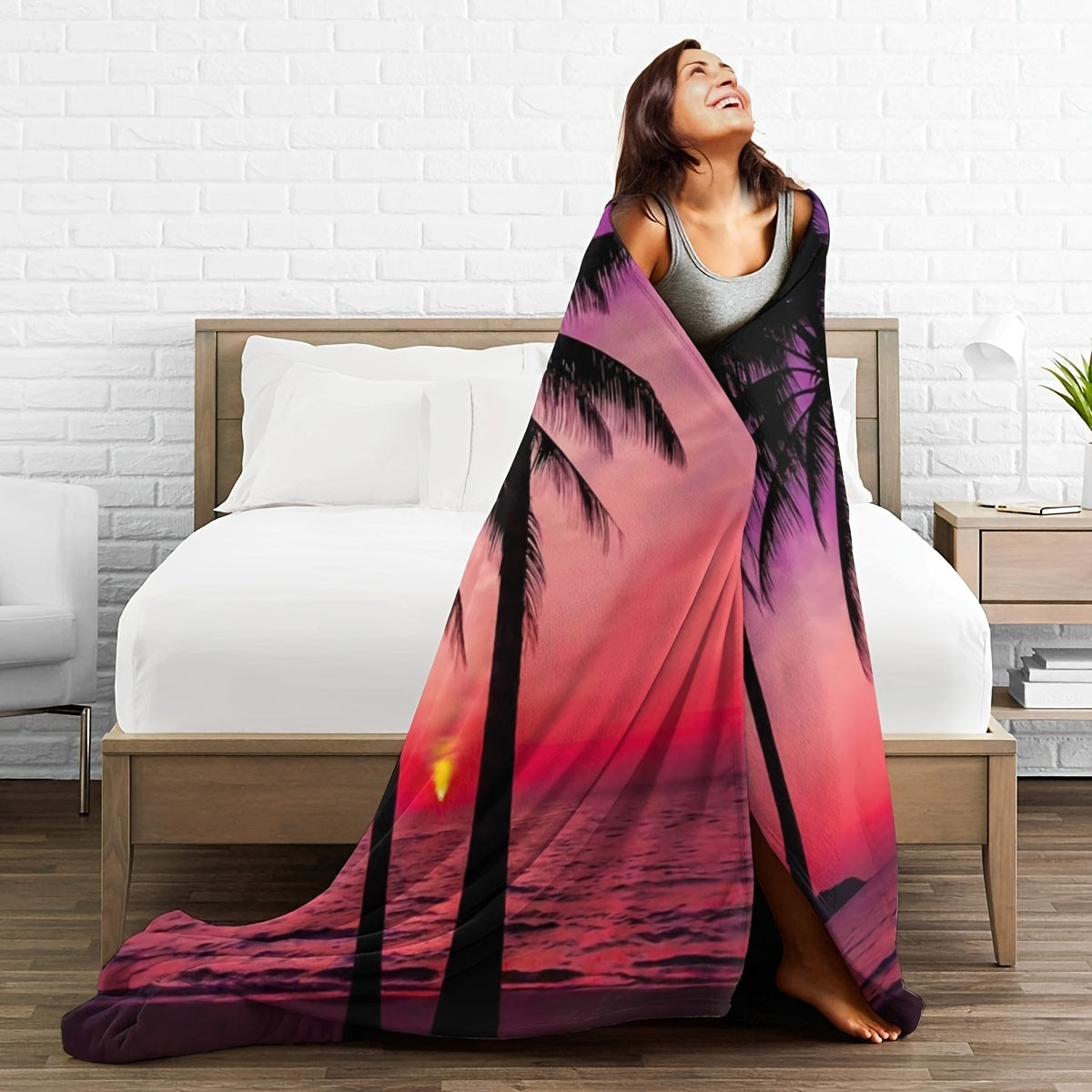 Luxurious Flannel Fleece Blanket Sunset Beach Palm Tree Design All-Season Throw for Home Travel Camping