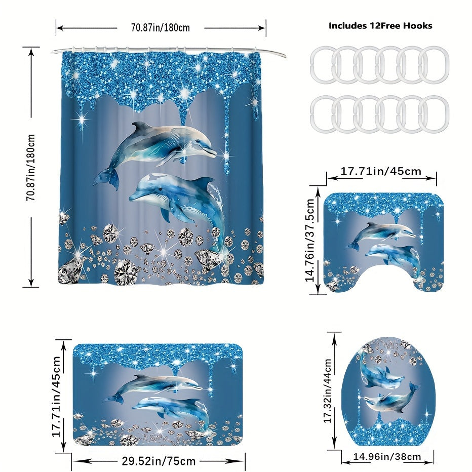 Blue 4-Piece Diamond Dolphin Bathroom Set Includes Shower Curtain Rug Toilet Mat