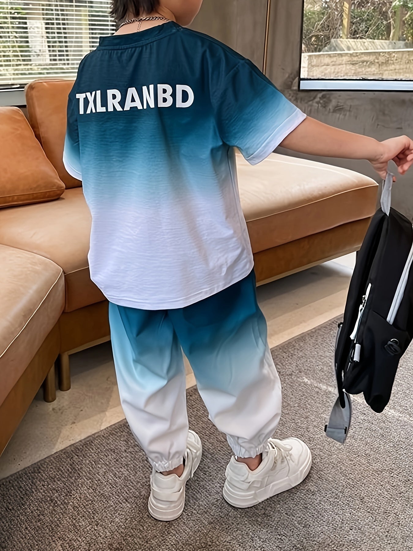 Kids Boys Casual Letter Print Gradient T-Shirt and Joggers Set Summer Lightweight Polyester