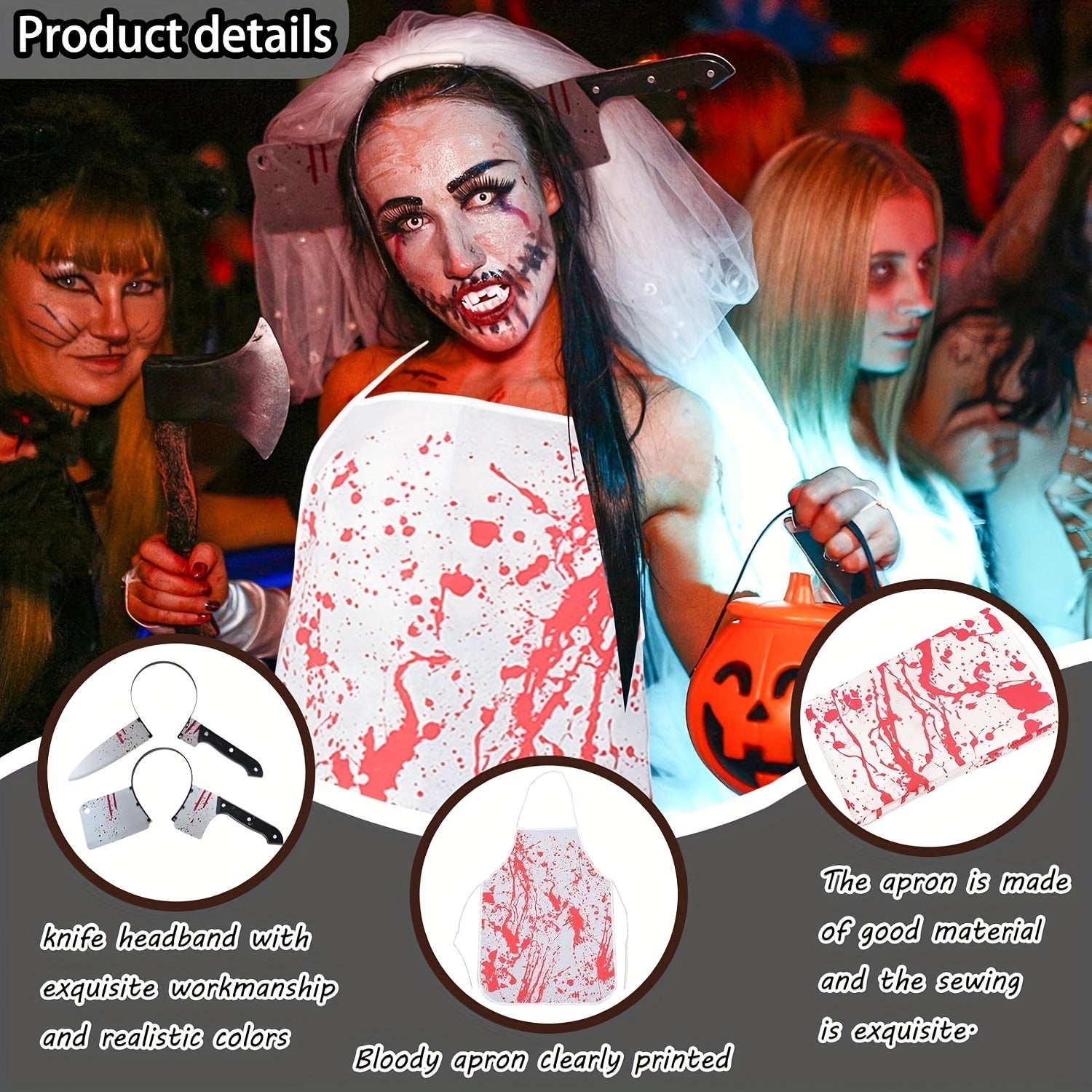 Unisex Halloween Vampire Zombie Costume Set with Knife Hair Band and Bloody Apron
