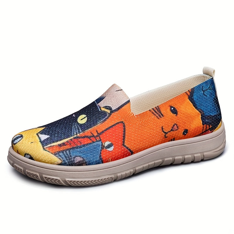Women's Casual Cloth Flat Shoes with Kitten Pattern Slip-On Comfortable Flats