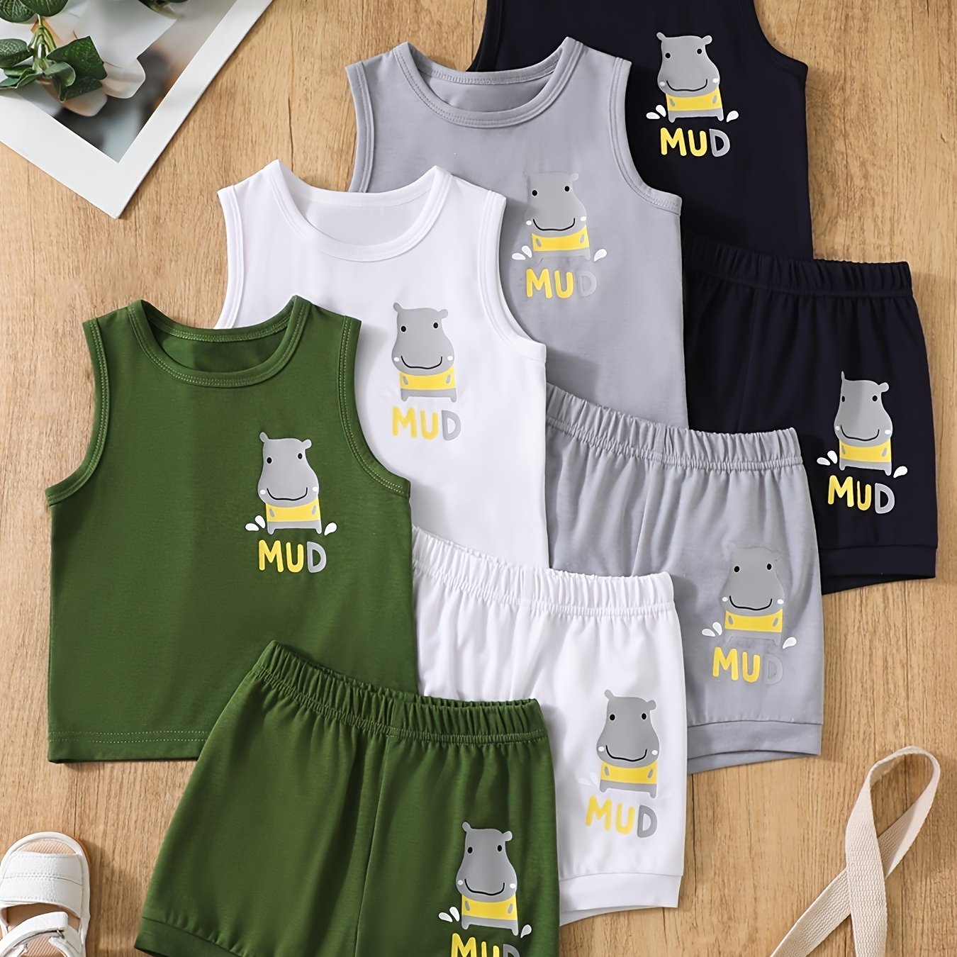 Baby Boy Summer Clothing Set 4 Pieces Cartoon Hippo Tank Top Shorts Toddler
