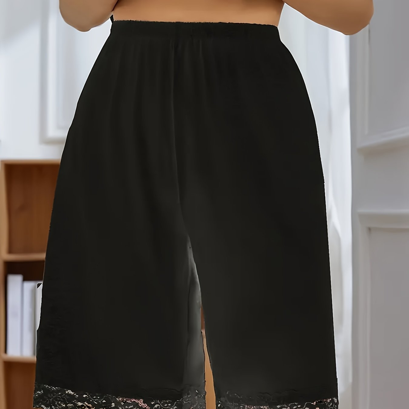 Women's Plus Size Black Lace Detail Shorts Stretchy Loose Fit Casual Wear