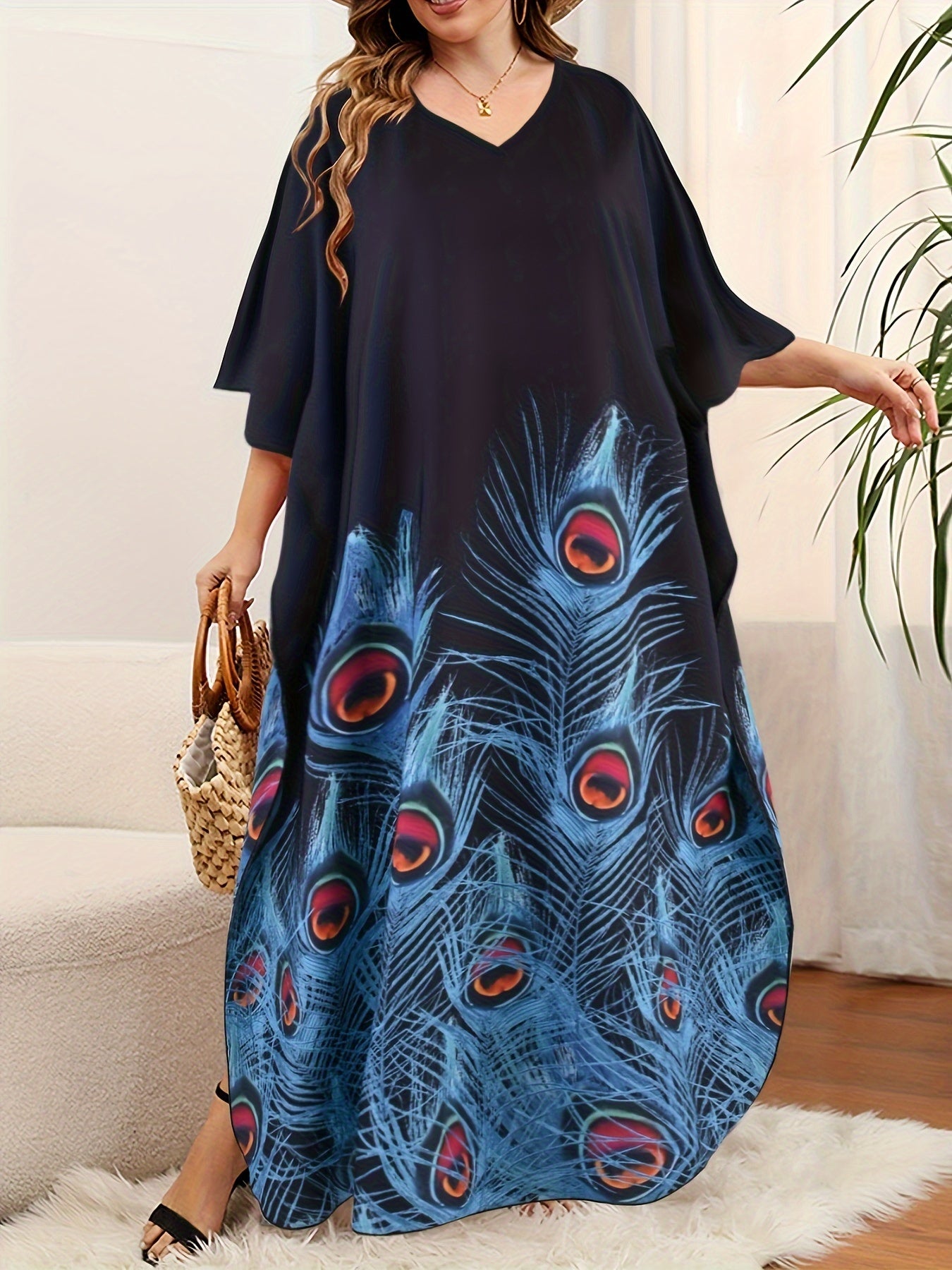 Plus Size Women's Kaftan Dress with V-Neck Short Batwing Sleeves Long Length Slit Polyester Elastane