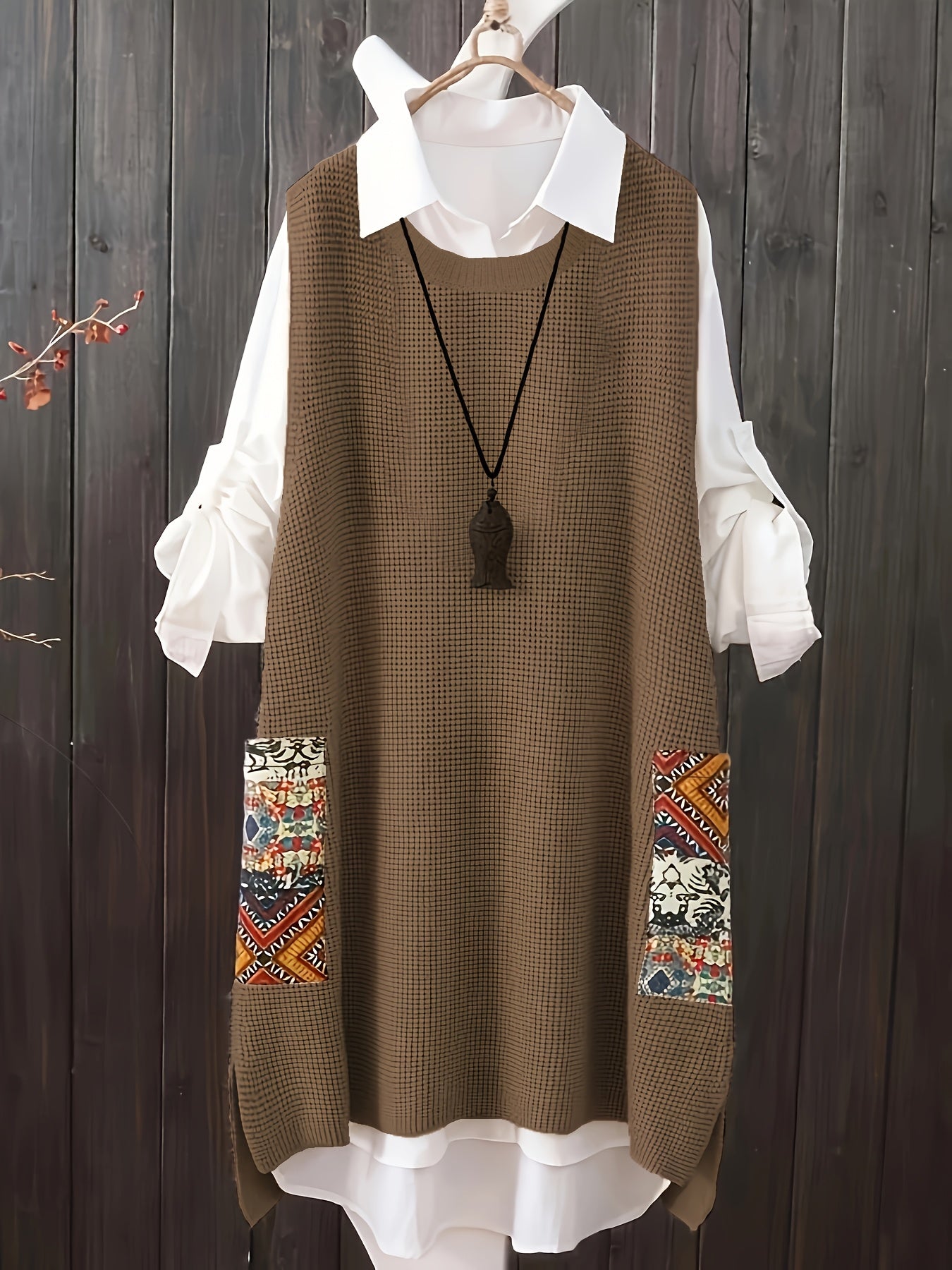 Plus Size Knit Acrylic Sweater Dress with Pockets and Colorful Floral Geometric Print for Spring Fall