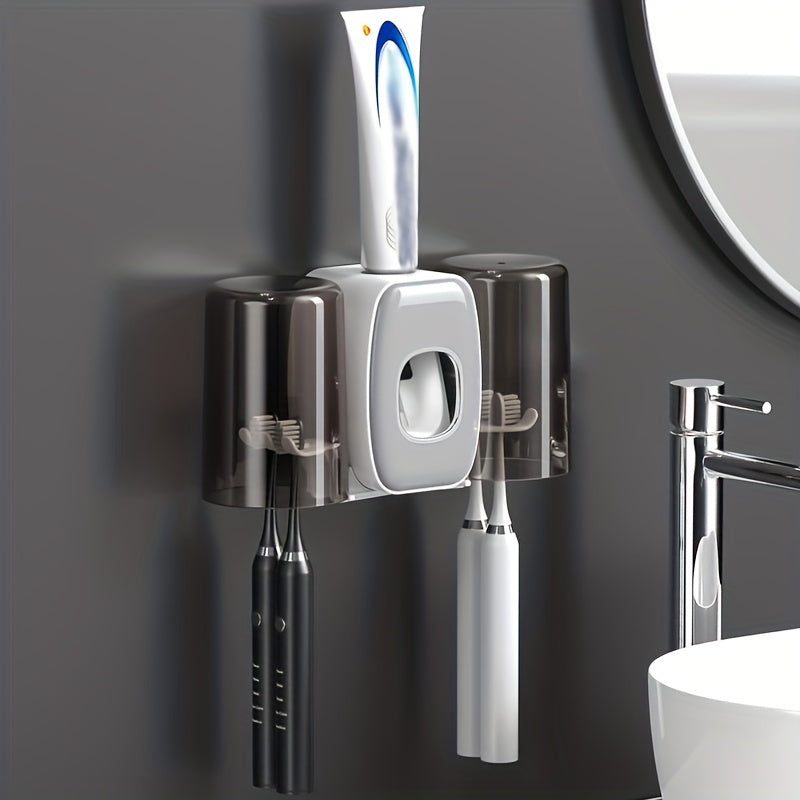 Wall-Mounted Toothbrush Holder with Toothpaste Squeezer and Mouthwash Cup for Bathroom Organization