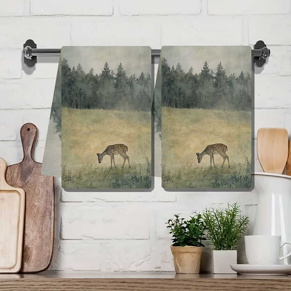 Ikki ultra yumshoq oshxona sochiqini tinch yaylov va kiyik dizayni bilan oling. Ushbu juda singdiruvchi polyester idish qo'l sochiqlari mashinada yuvilishi mumkin va o'lchamlari 40.64x60.96 sm. Ular bayram bezaklari uchun juda mos keladi.
