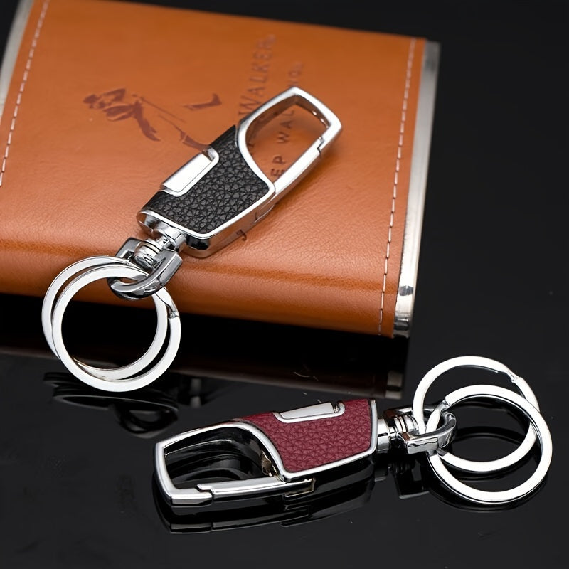 Men Metal Car Keychain with One-Touch Opening and Leather Key Ring