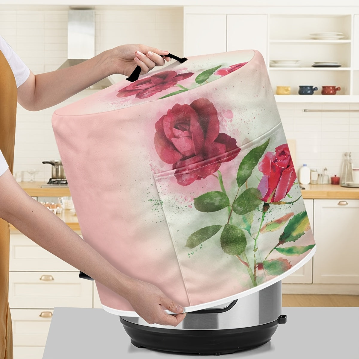 8 kvartli Instant Pot uchun yuqori tutqichi, cho'ntaklari va yuvilishi mumkin bo'lgan dizayni bilan roza naqshli bosim pishirgich qopqog'i oshxona asboblarini toza saqlaydi.
