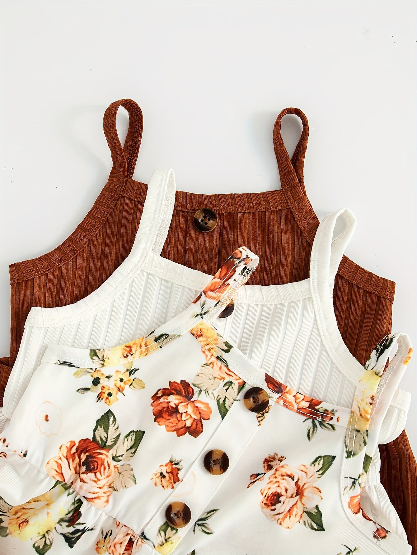 Bola va kichik qizlar uchun 3 qismli yengsiz ko'ylak to'plami, yoz/bahor uchun mukammal, gullar bosma va bir xil rangda.