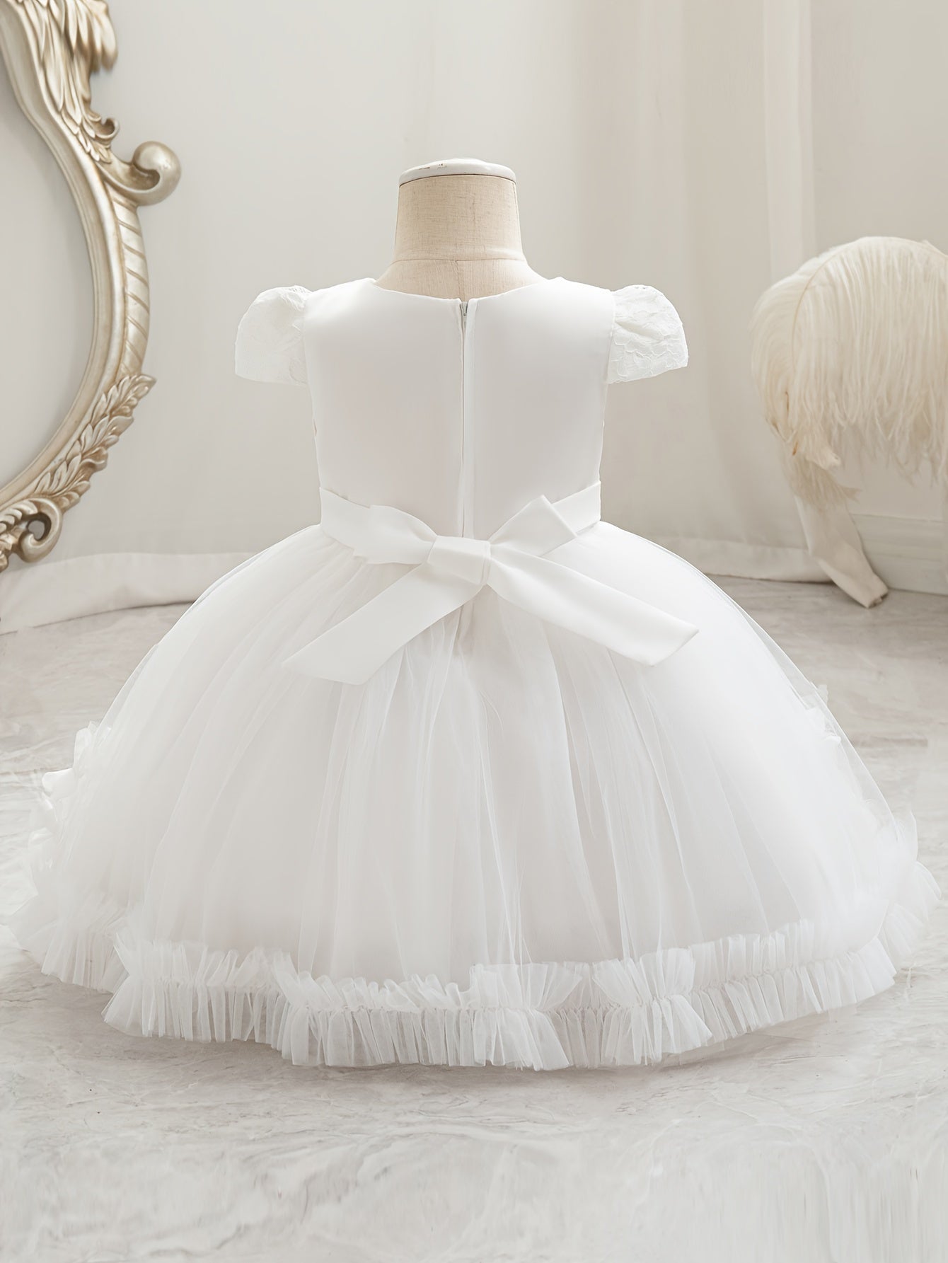 Girls Baby Floral Tulle Princess Dress with Lace Ruffle Cap Sleeves for Formal Occasions