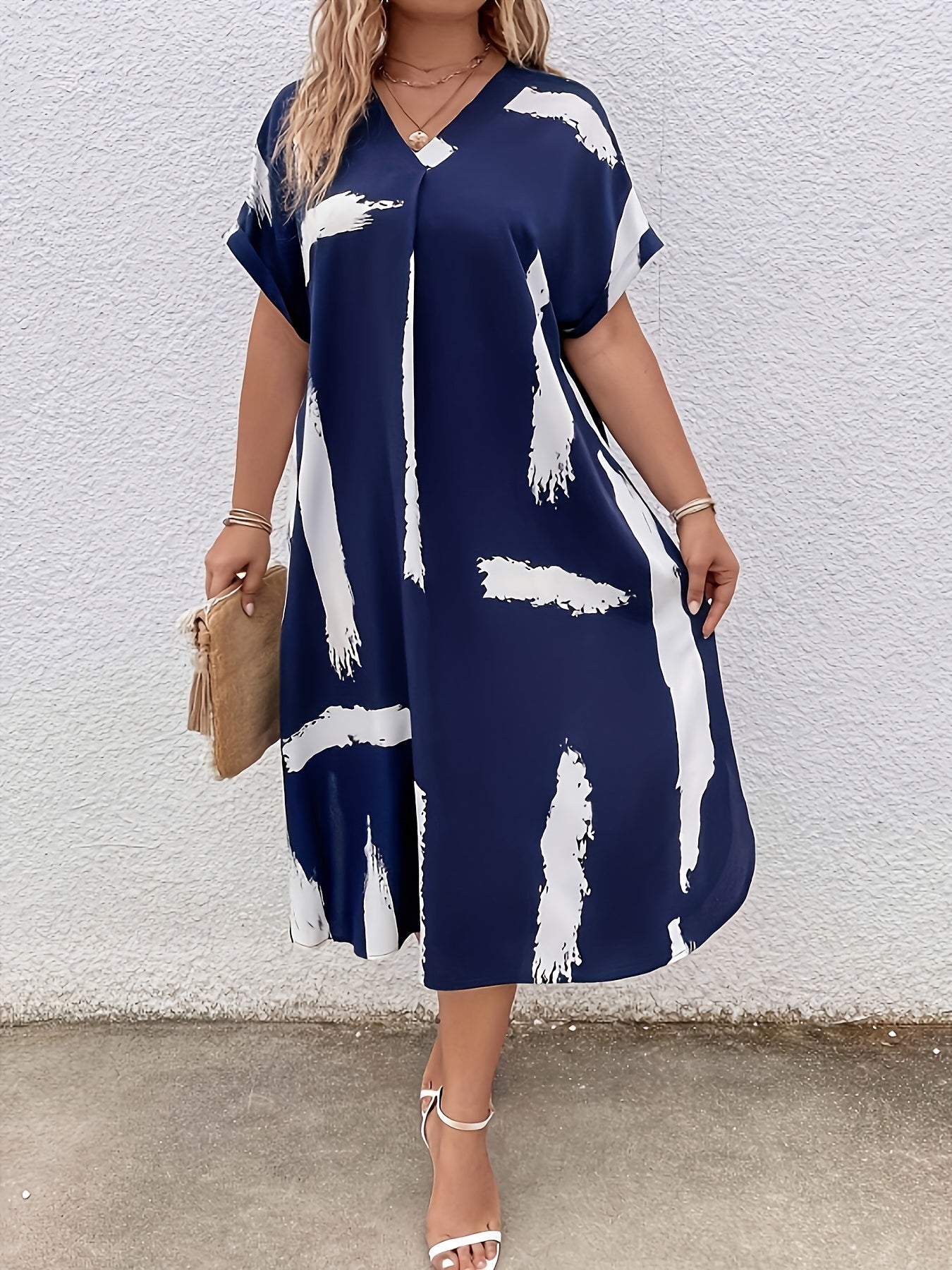 Plus Size Abstract Print V-Neck Woven Polyester Tunic Dress All Seasons