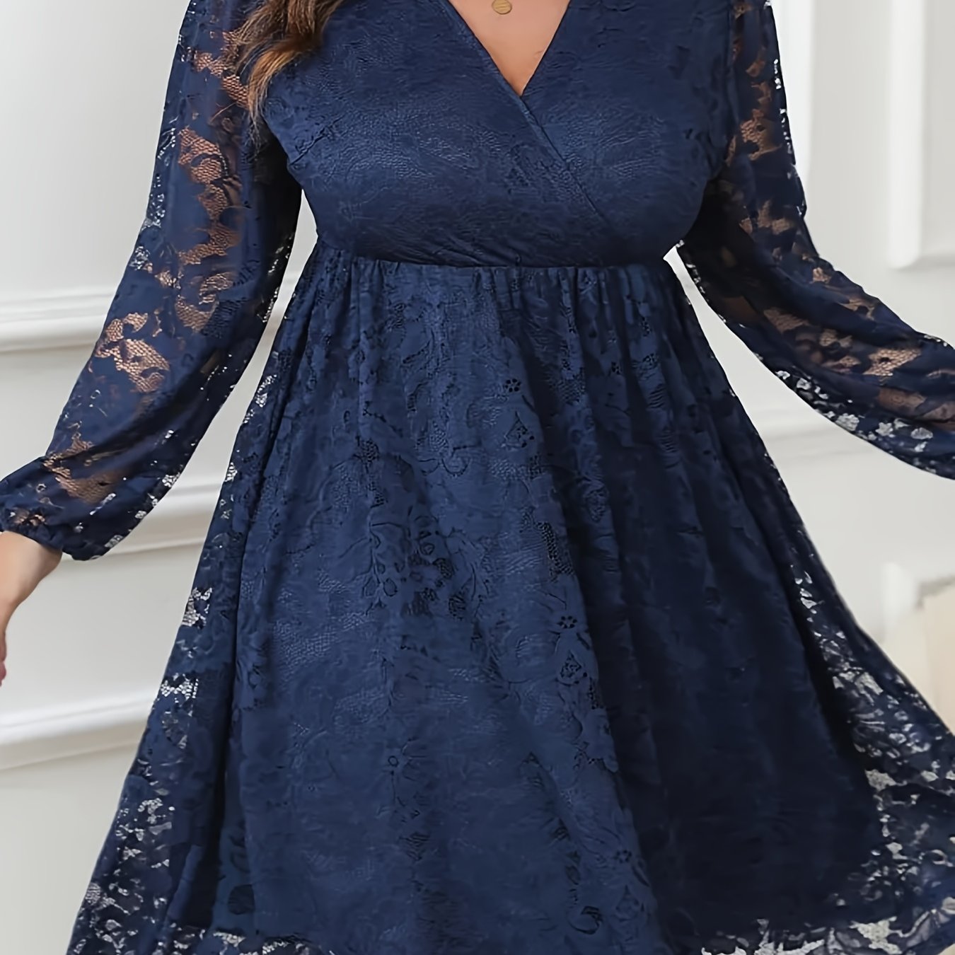 Plus Size Women's V-Neck Lace A-Line Dress Navy Blue Midi Fit and Flare