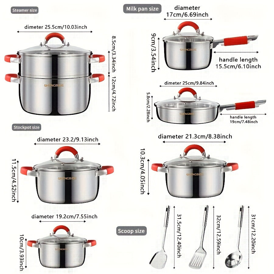 16-Piece Stainless Steel Cookware Set with Pots, Pans, Lids, and Utensils
