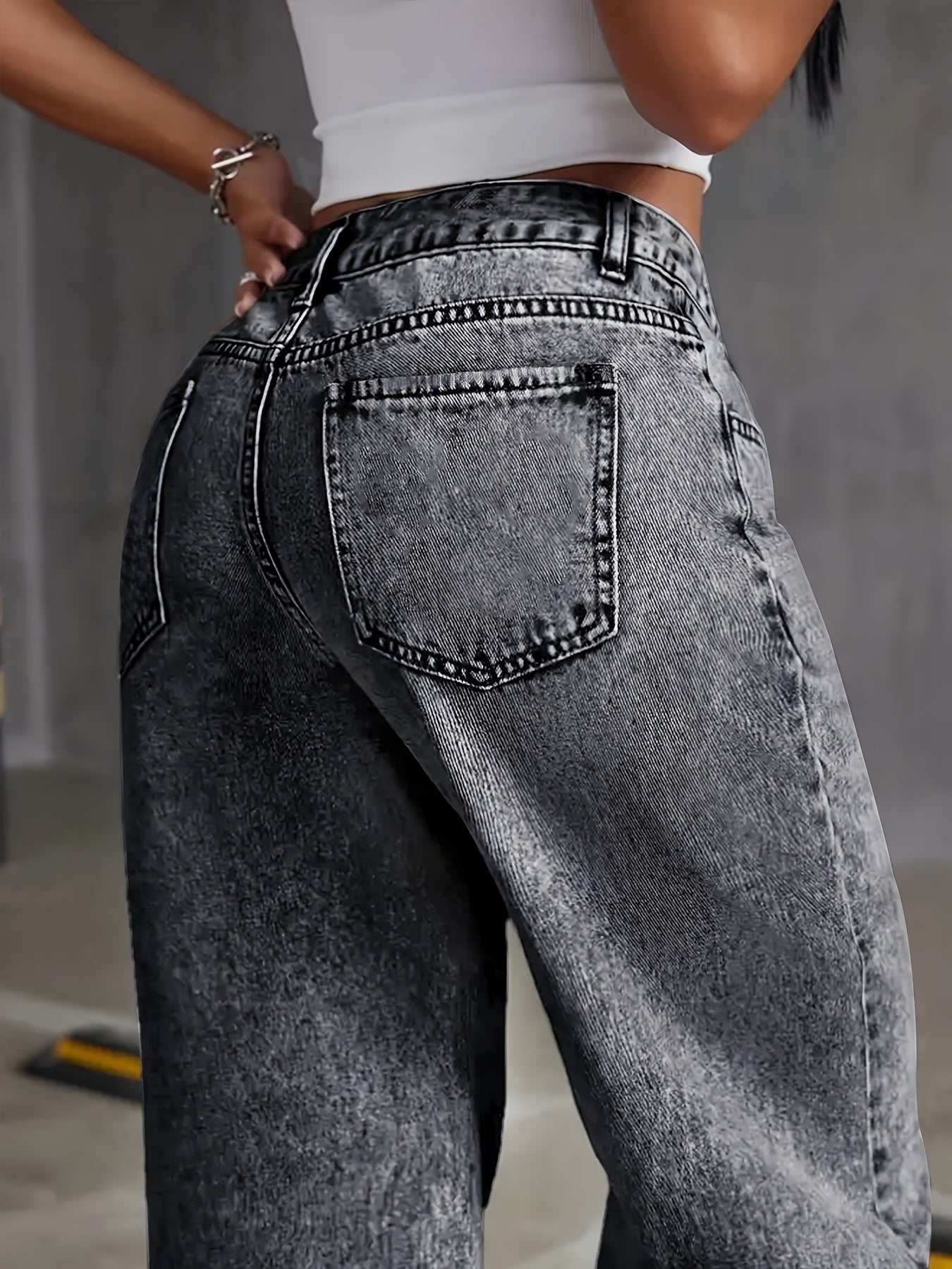 Women's High-Waist Straight Leg Jeans Denim Cotton Blend Snowflake Wash All-Season