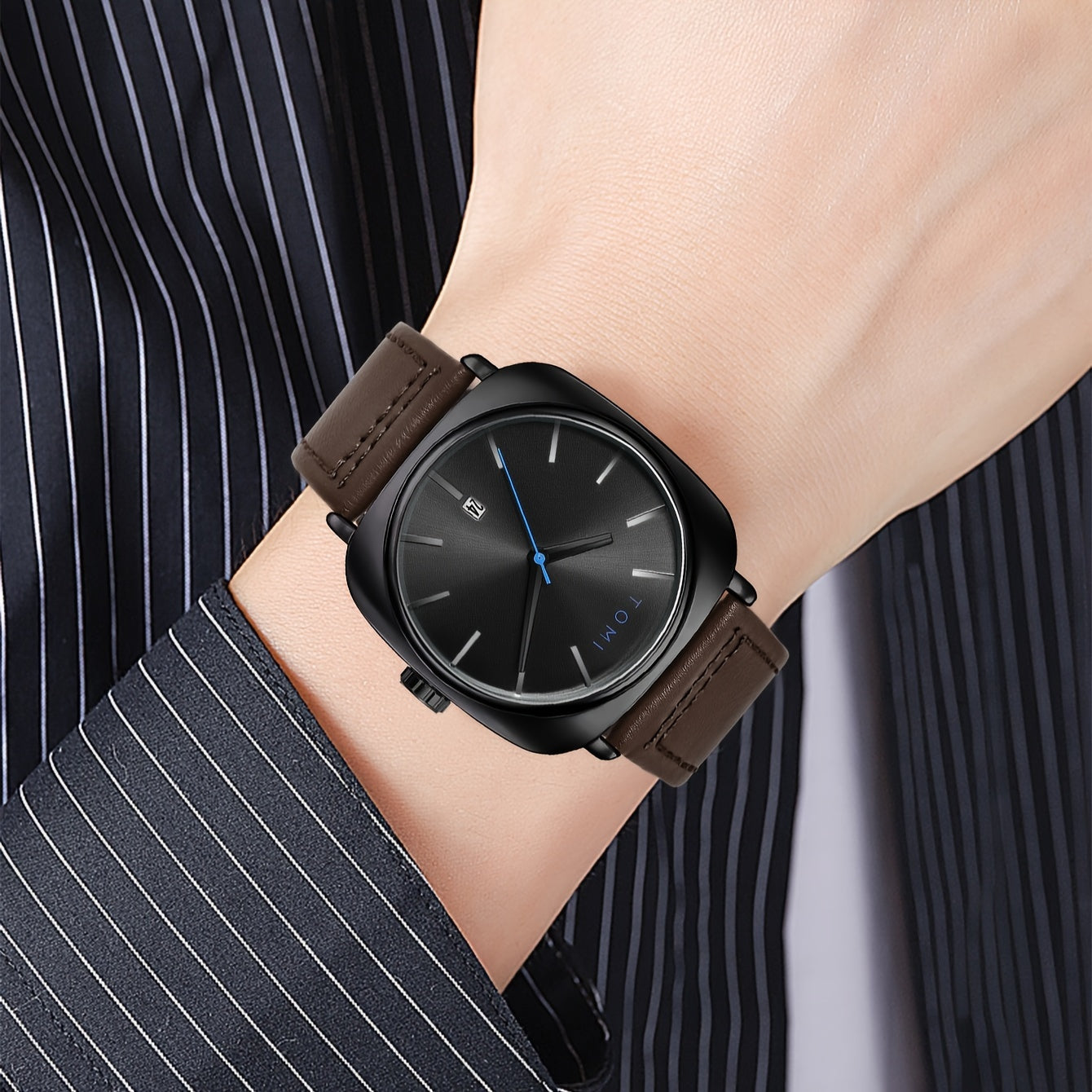 Men's Square Large Plate Calendar Watch with Zinc Alloy Case and PU Leather Band