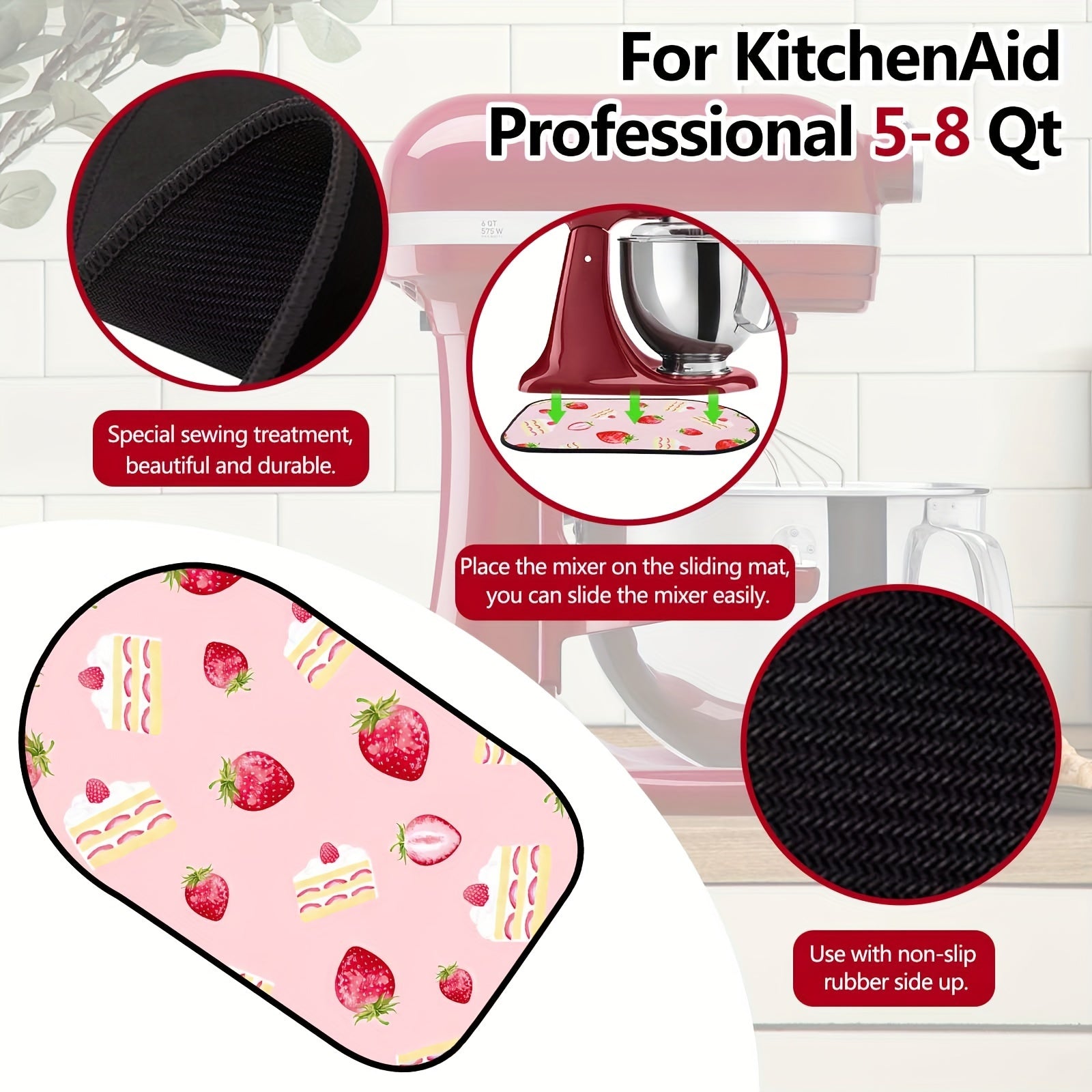 Non-Slip Silicone Mixer Mat for 4.5/5 Quart Tilt-Head Mixers Strawberry Cake Design