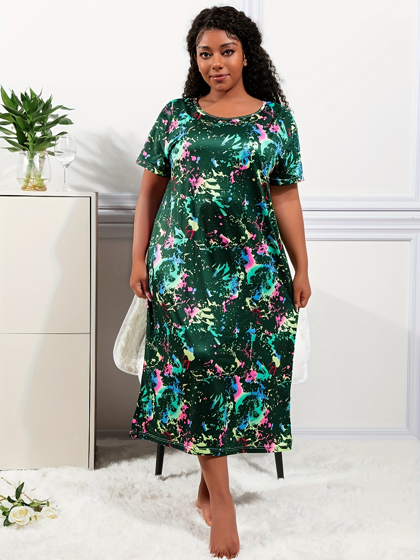 Women's Casual Sleep Dress Plus Size Tie Dye Short Sleeve Nightgown