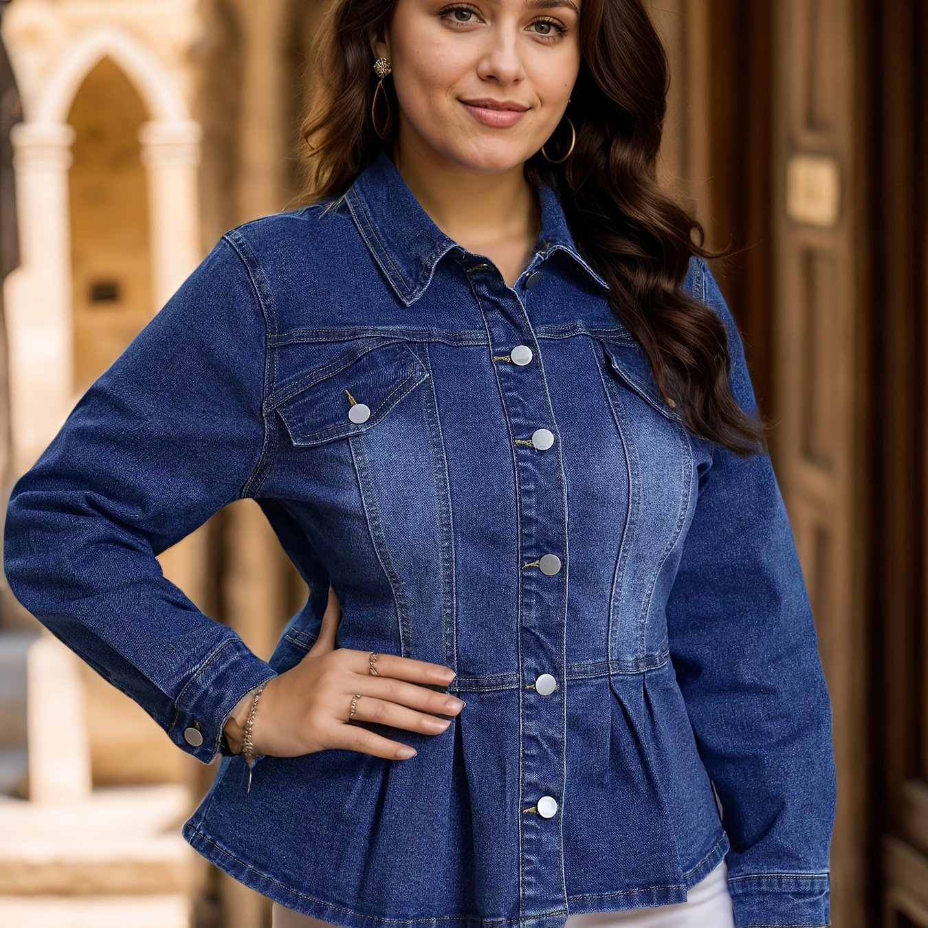 Plus Size Washed Blue Denim Jacket with Ruffle Hem and Long Sleeves