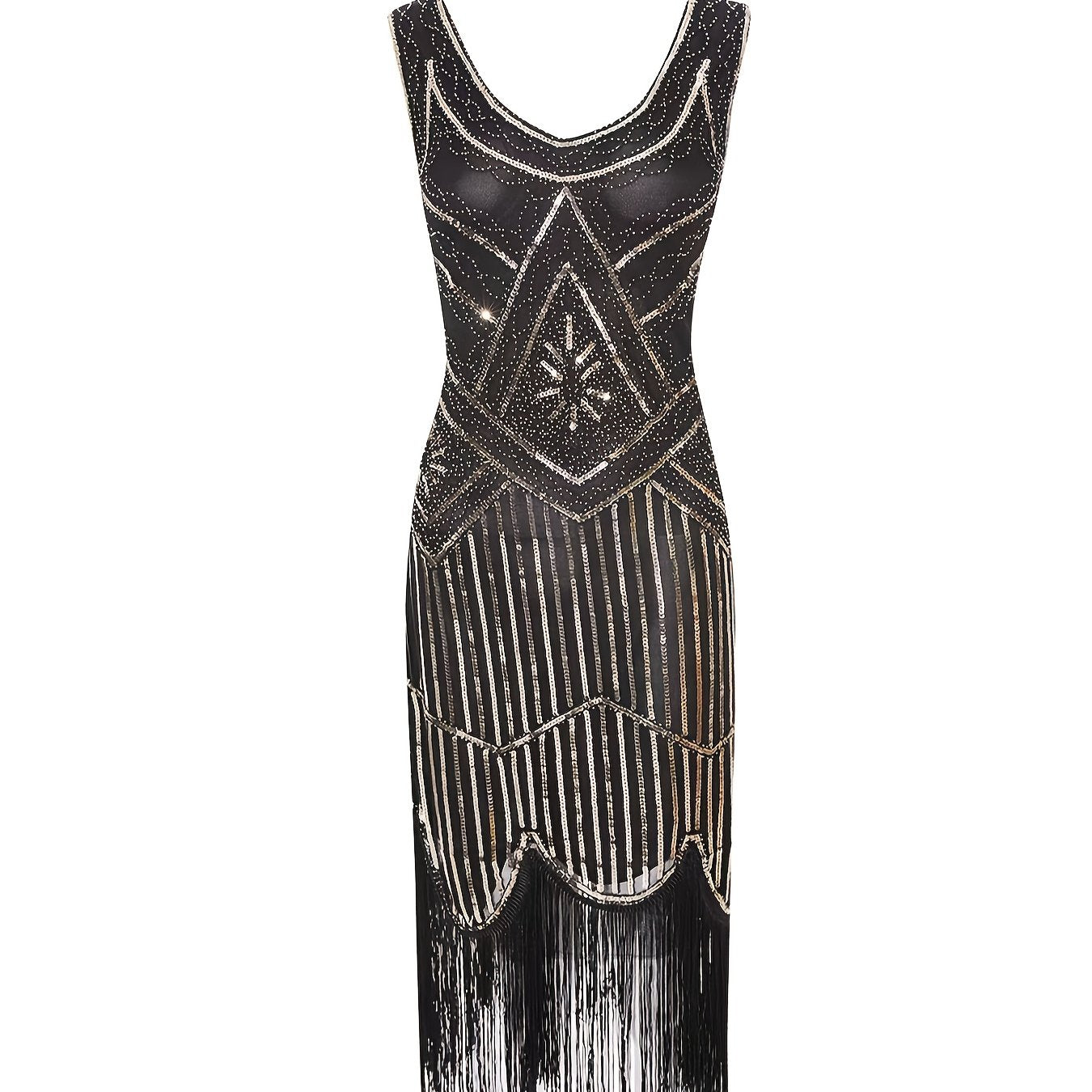 Women's Beaded V-Neck Sleeveless Wedding Dress Black Geometric Embroidery