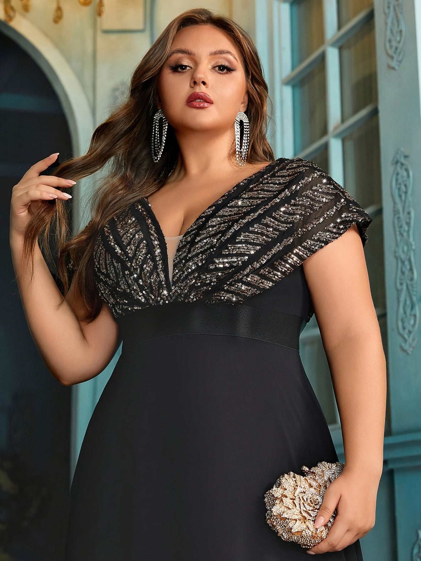 Plus Size Women Short Sleeve Dress Black Elegant Formal Evening Wedding Guest Gown