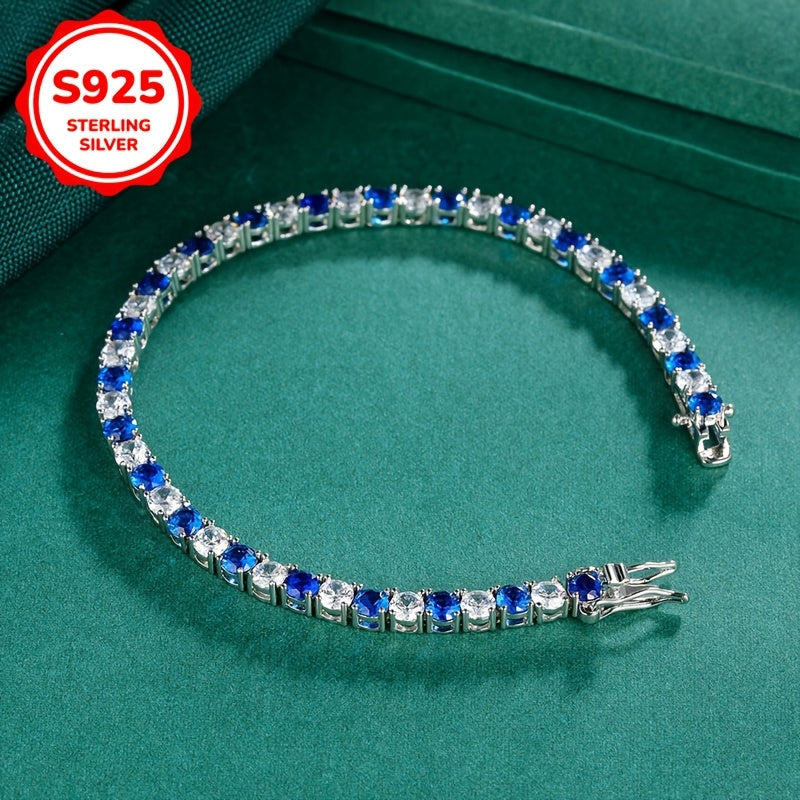 Women's Sterling Silver Tennis Bracelet with Blue and White Cubic Zirconia for Daily and Party Wear