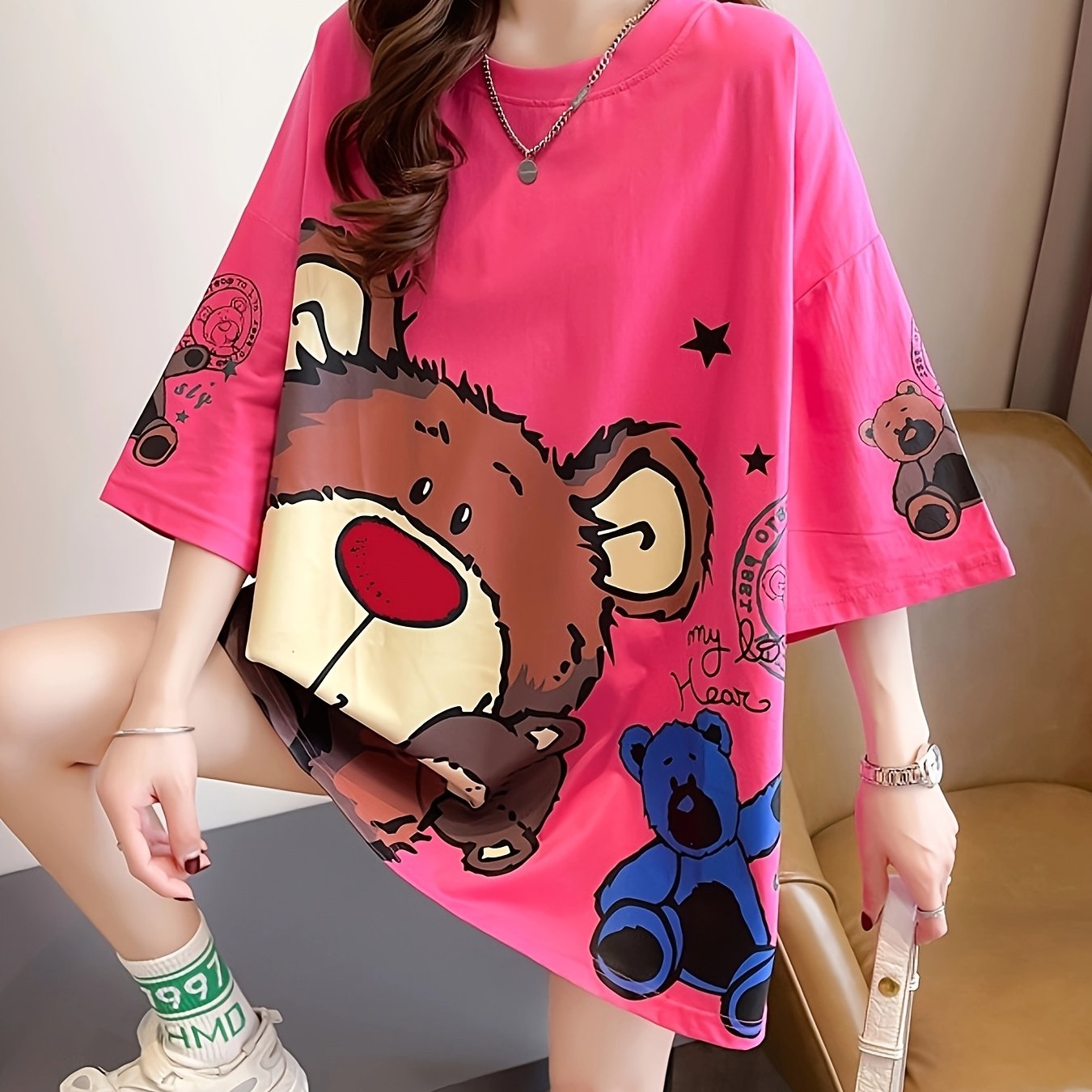 Plus Size Women's Casual T-Shirt with Cartoon Bear Print Polyester Blend Short Sleeve Spring Summer