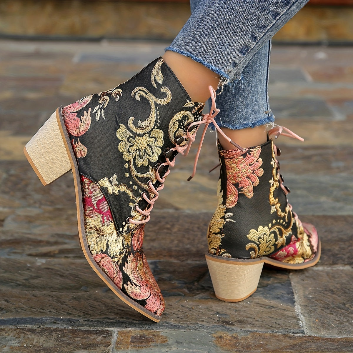 Women's Vintage Floral Leather Boots, Lace Up Chunky Heel Western Cowboy Shoes