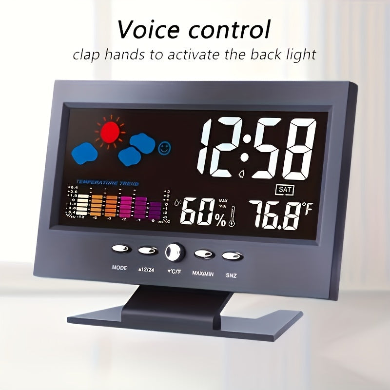 Ko'p funksiyali Smart Clock ni taqdim etamiz, unda ovoz bilan boshqariladigan yoritish, raqamli displey, signal, termometr va gygrometr mavjud. U vaqt, sana, haftaning kuni, harorat va namlikni uyda va ofisda kuzatib borish uchun mukammal.