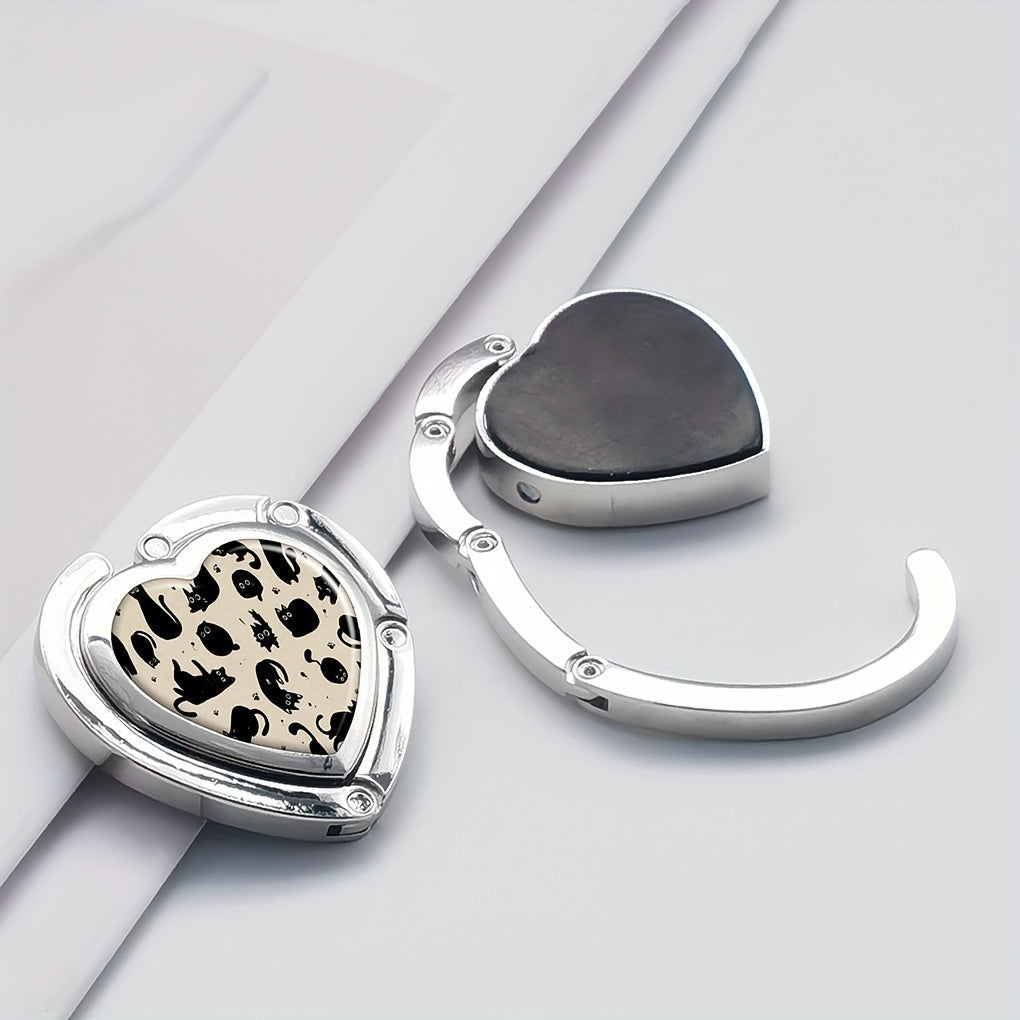Heart-Shaped Foldable Purse Hanger Zinc Alloy Tabletop Hook for Handbags Keys Cat Design