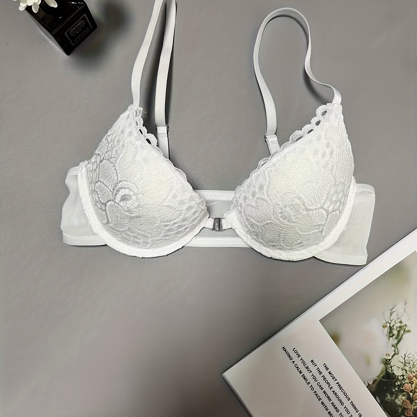 Women's Lace Push Up Bra with Removable Pads High Support Nylon Knit Solid Color
