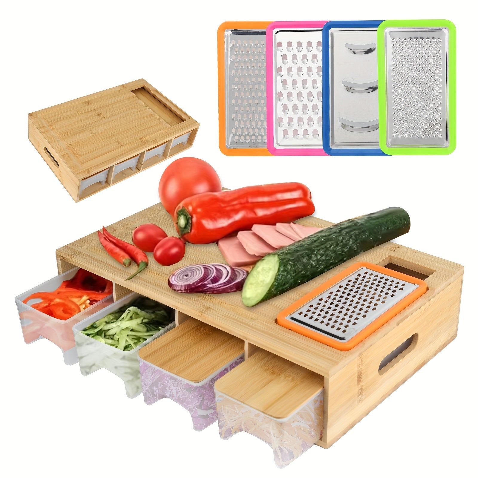 Bamboo Cutting Board Set with Containers, Graters, and Lidded Trays