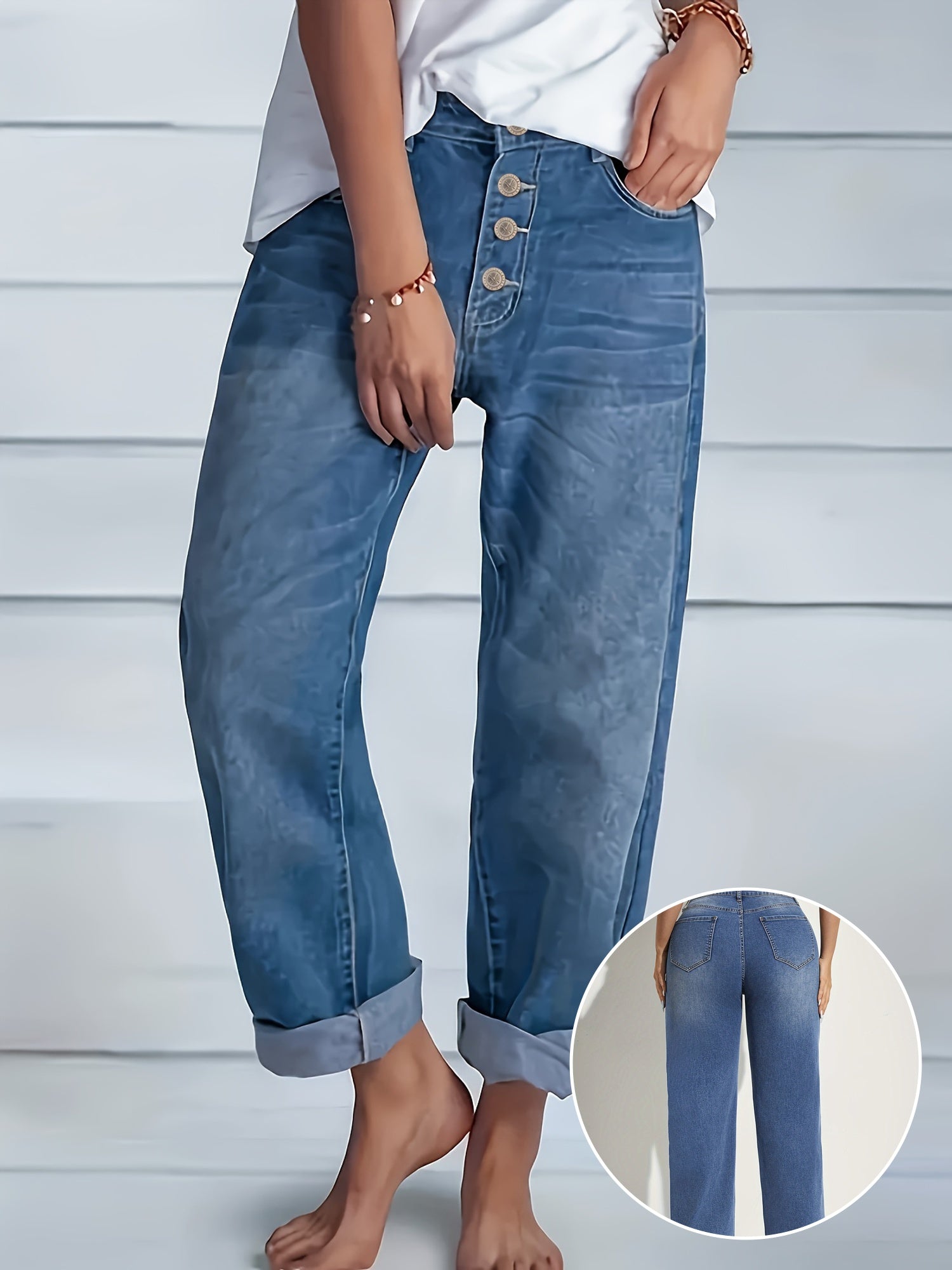 Jeans de mezclilla para mujer de corte recto con alta elasticidad, dobladillo enrollado, para todas las estaciones