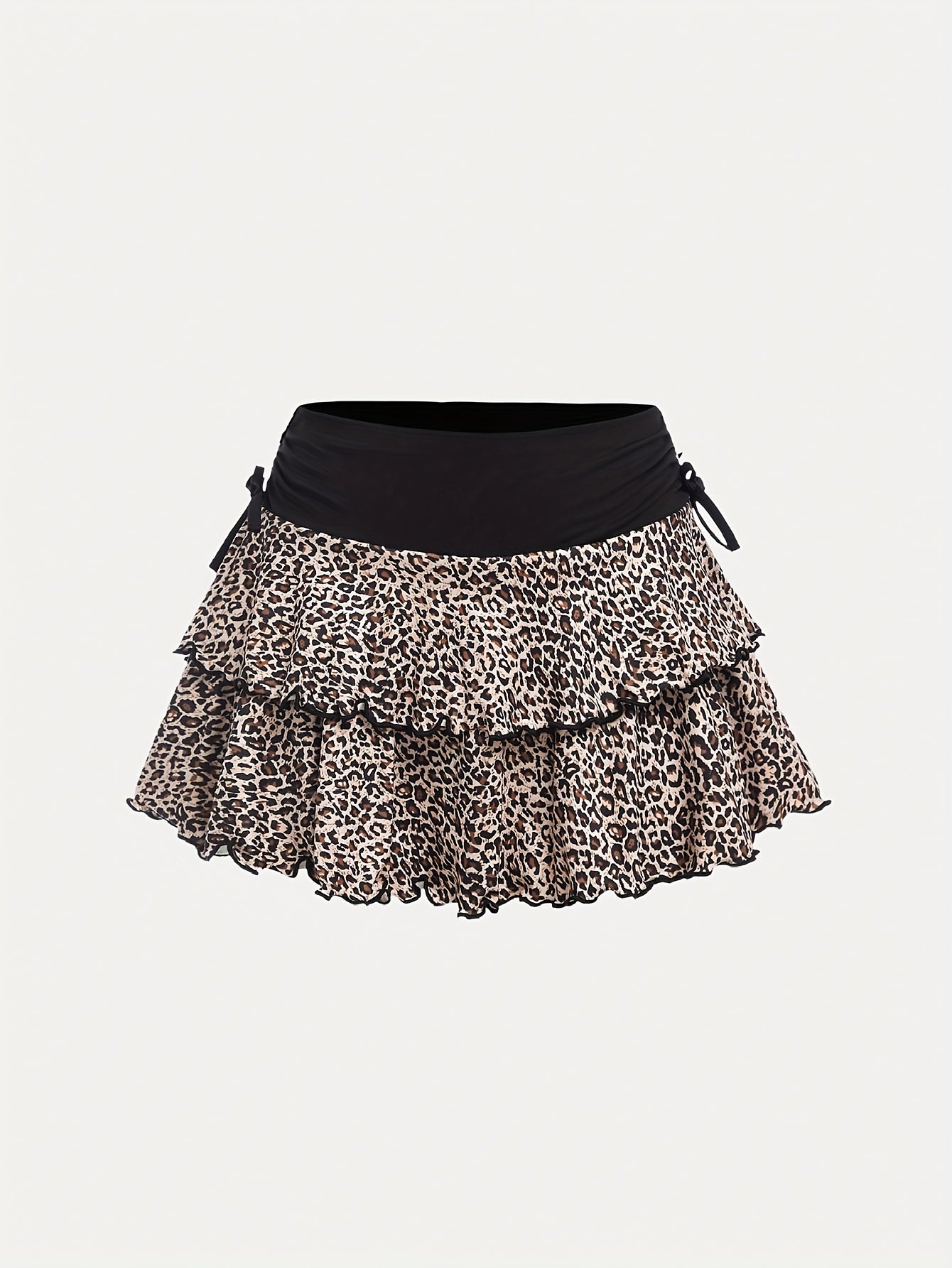 Falda de tamaño grande para mujer con estampado de leopardo, en capas con volantes, negra y blanca, de poliéster