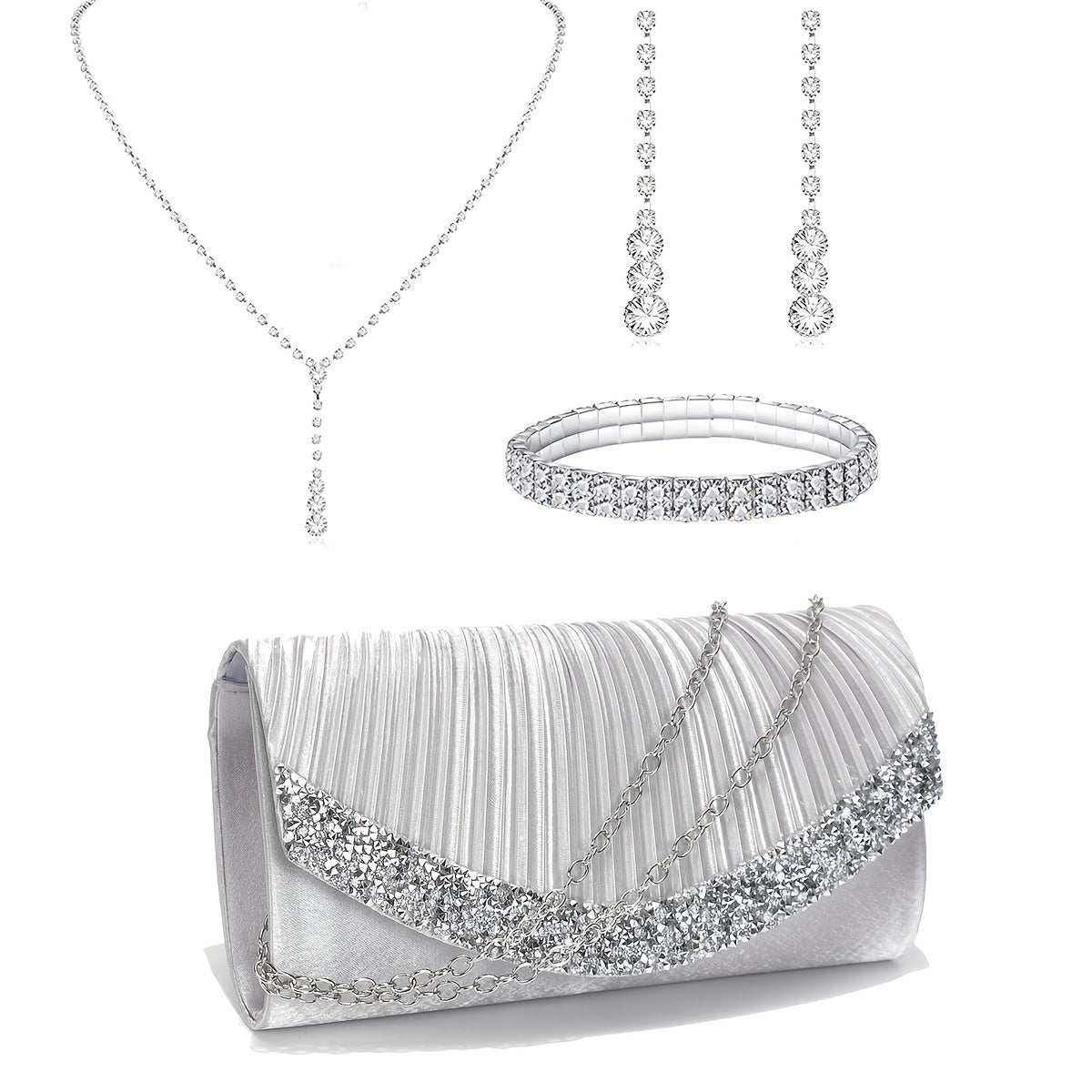 Elegant Satin Evening Clutch Bag with Rhinestones and Detachable Chain for Weddings and Parties