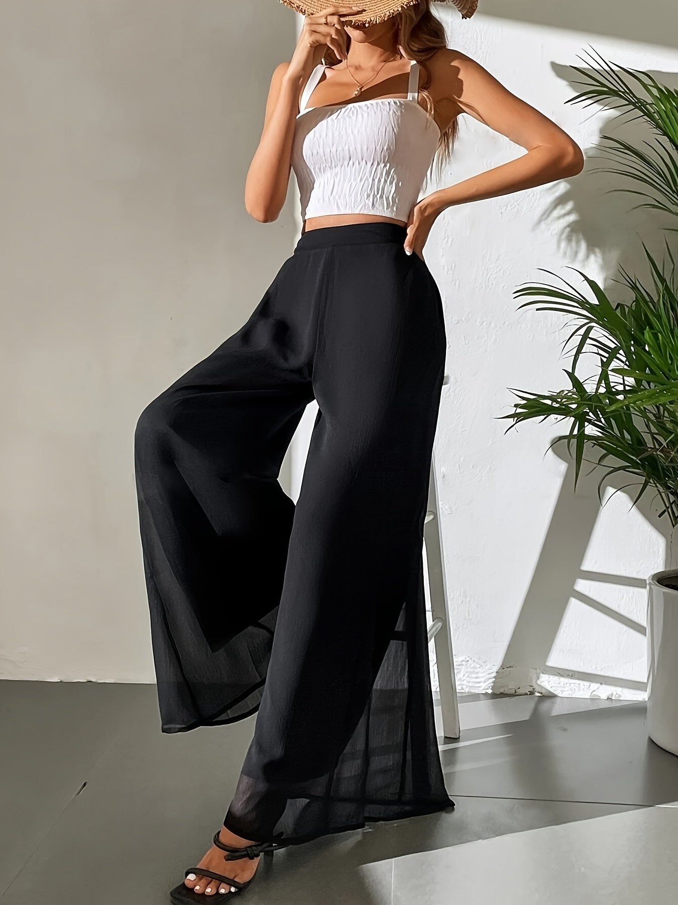 Pantalones anchos negros para mujer con cintura alta, poliéster y spandex, tela fluida
