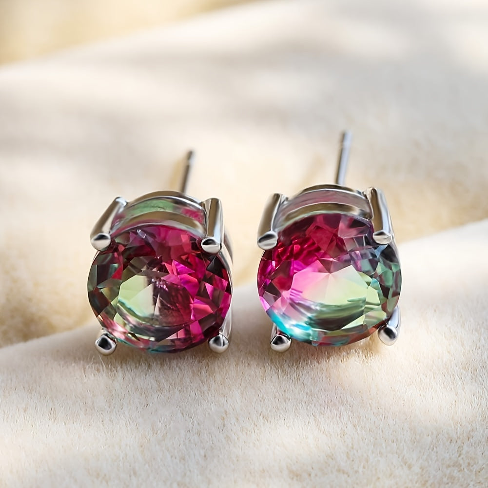 Sterling Silver Tourmaline Earrings for Women and Teens Multi-Color 6.78mm Round Gemstones