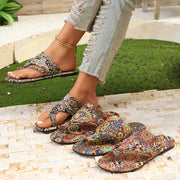 Women's Bohemian Floral Slide Sandals Open-Toe Flat with Adjustable Straps