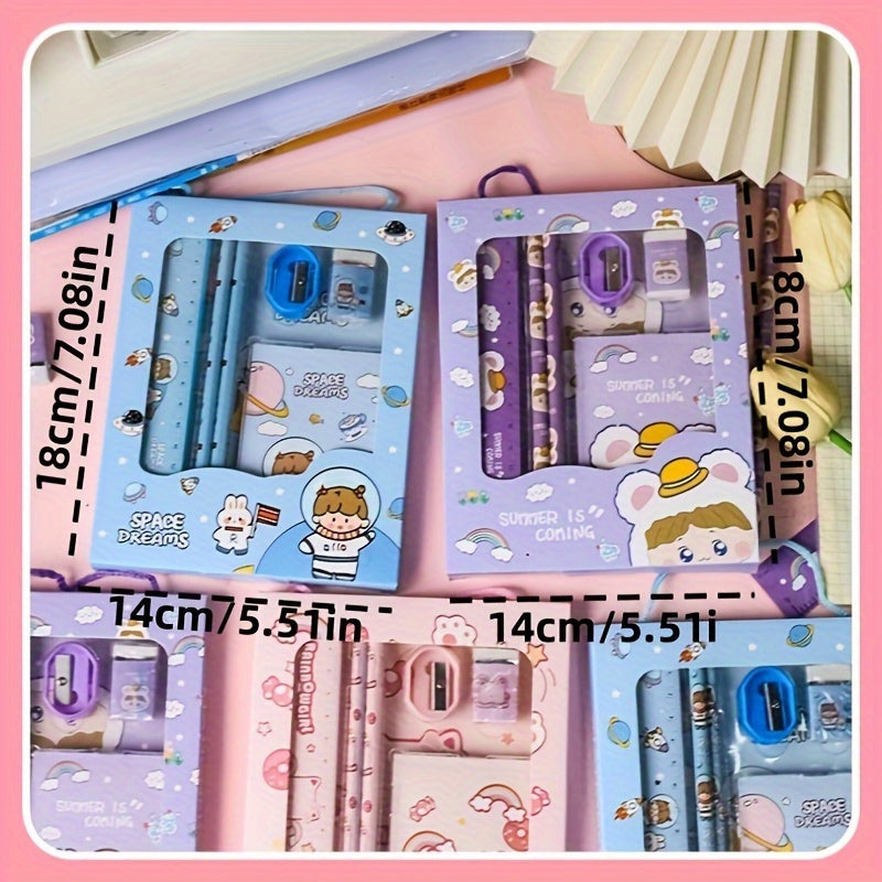 Cartoon Handheld Stationery Set for Students with 2 Pencils Ruler Eraser Notebook in 4 Colors