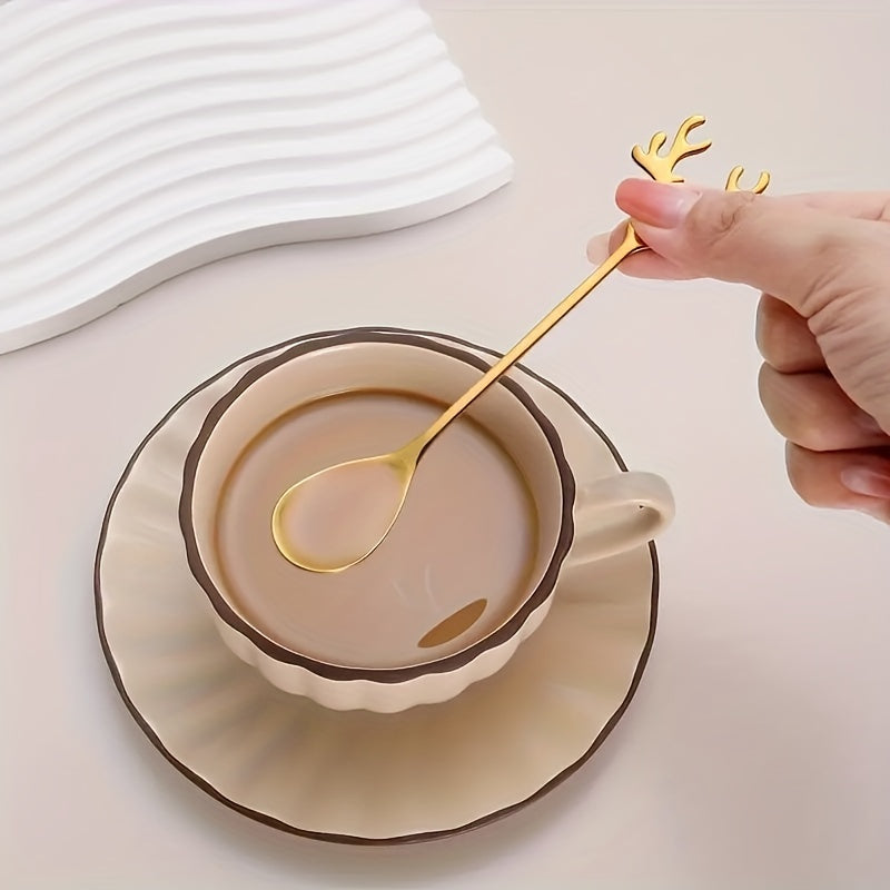 Set of 8 Christmas Deer Head Stainless Steel Coffee Spoons for Tea and Dessert