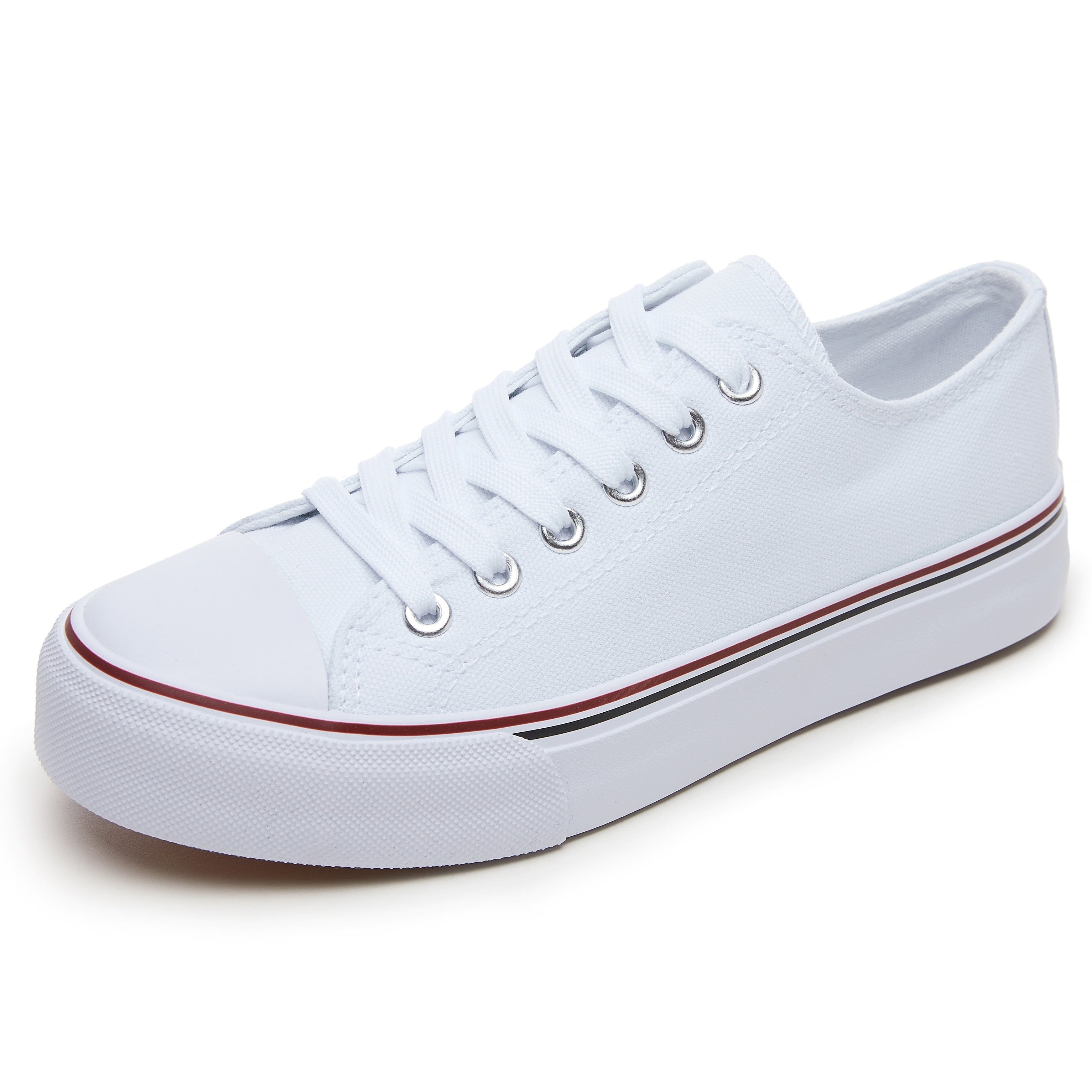 Women's Black and White Low Top Lace-Up Sneakers with Rubber Sole and Fabric Upper